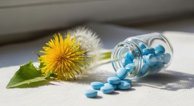 Blue Antihistamine Allergy Medicine Tablets Spilling From Glass Bottle Next To Dandelion Flower On White Surface