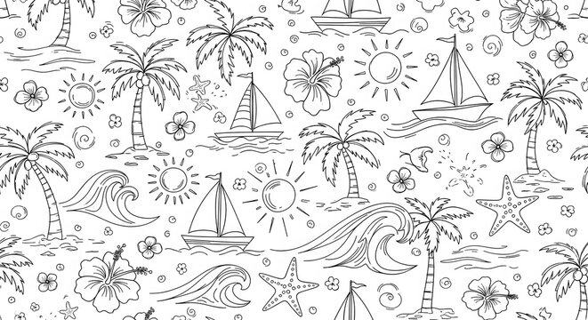 Seamless Tropical Summer Beach Pattern with Palm Trees and Sailboats