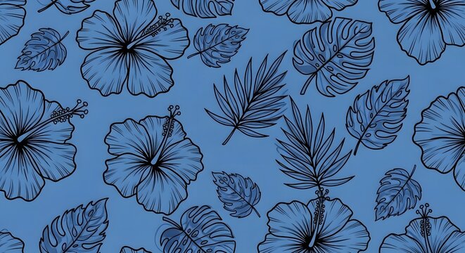 Tropical Hibiscus Flower and Leaf Pattern Seamless Blue Botanical Background