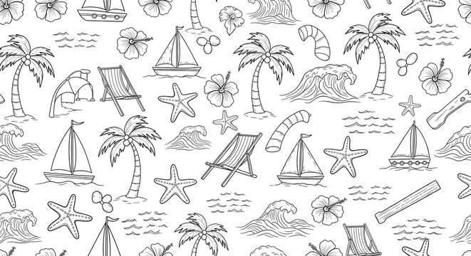 Summer Beach Doodle Seamless Pattern Hand Drawn Line Art Background