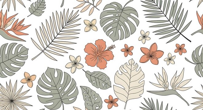 Boho Tropical Floral Pattern with Exotic Palm Leaves and Hibiscus Flowers