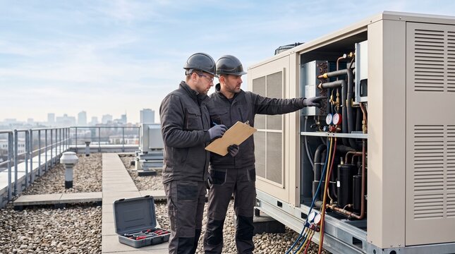 HVAC technicians assess a rooftop low GWP cooling upgrade