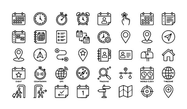 Time Date and Address Editable Stroke Outline Icons Set for Calendar Schedule Location and Contact Information