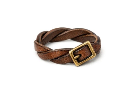 A close-up of a brown leather strap featuring a gold buckle