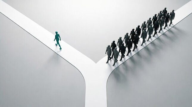 Lone teal figure choosing different path from crowd