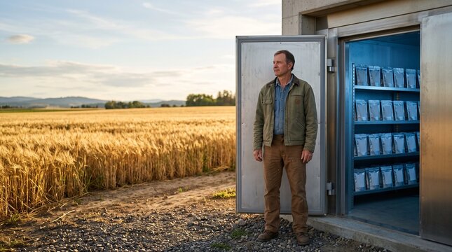 Farmer at a climate controlled seed vault beside ripening fields