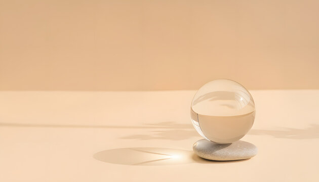 Premium ultra realistic minimalist concept featuring a transparent glass sphere on a smooth stone base with warm beige background and soft lighting