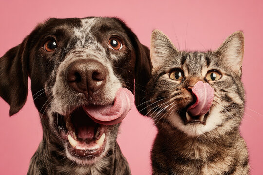 Dog and cat licking its lips with tongue. Isolated on pink pastel background