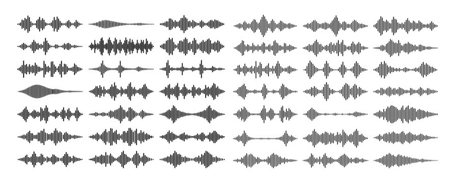 Podcast sound wave vector set. Audio waveform line symbols and voice recording waves for podcasting, music, streaming, radio, audio apps and digital media design