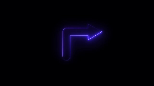 Arrow glowing in purple neon light against a dark background illustrating a directional turn for futuristic user interfaces and digital navigation tools requiring distinct visual pathway indicators.