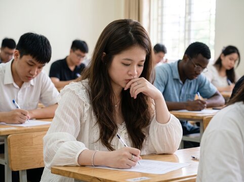 Stressed female student studying during university examination