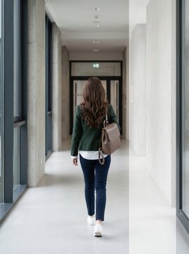 Professional woman walking through modern office corridor