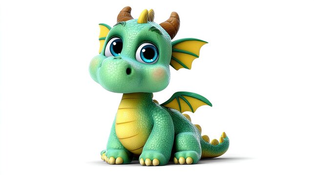 Cute Green Baby Dragon: A whimsical, cartoon-style illustration of a baby dragon with big blue eyes, small horns, and green and yellow wings, sitting and looking curiously at the viewer.