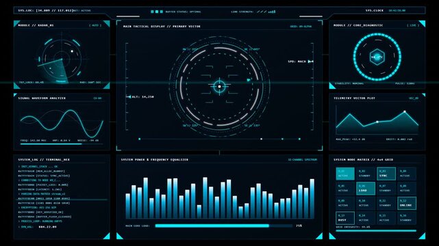 Futuristic Sci-Fi HUD Interface Dashboard Loop with Radar Gauge, Target Reticle, Waveform, and Spectrum Equalizer