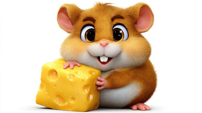 Cute Hamster with Cheese: An adorable, cartoonish hamster with big, expressive eyes and a cheerful smile hugs a block of yellow cheese, embodying delight and simple pleasures.