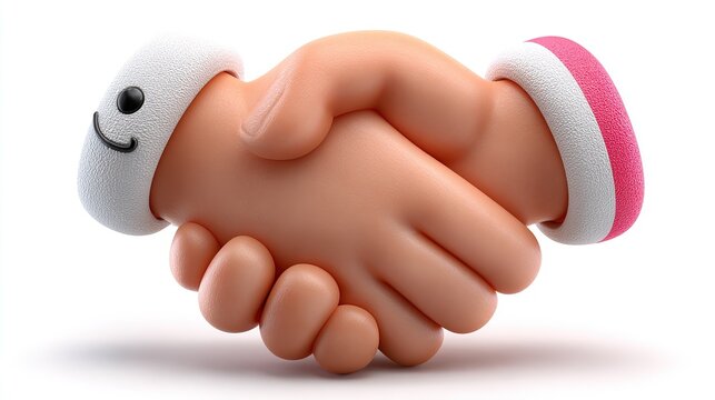 Friendly Handshake Symbol: Two cartoon hands shaking in a friendly gesture, symbolizing agreement, partnership, and trust, with one hand showing a smiling face.