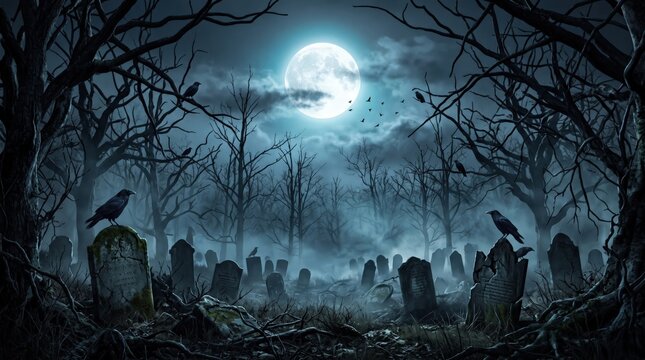 An eerie digital illustration captures a haunting moonlit graveyard at night, with gravestones and bare trees shrouded in blue mist, while crows form a spooky halloween background.