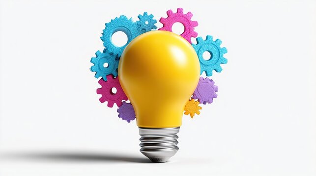 Innovation Symbol: A bright yellow lightbulb, a symbol of ideas, is surrounded by colorful interlocking gears, representing the mechanics of innovation and problem-solving.