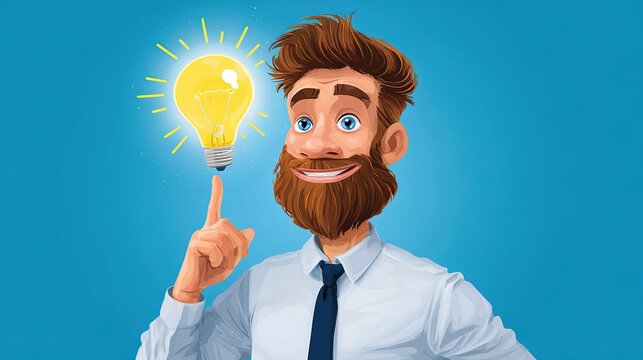 Eureka Moment: A bearded man wearing a white shirt and tie, with a warm smile, points a finger upwards, balanced with a glowing light bulb, symbolizing a bright idea and inspiration.