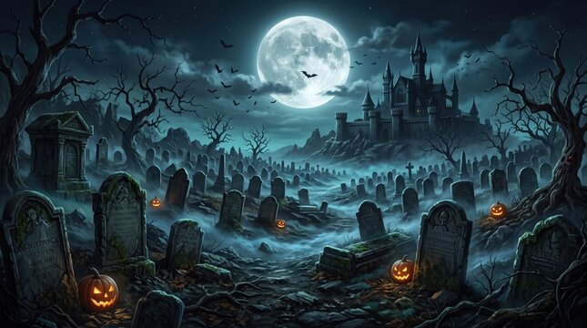 Digital art of a spooky, misty graveyard with tombstones, twisted trees, and glowing jack-o'-lanterns at night under a full moon, with a haunted castle. background