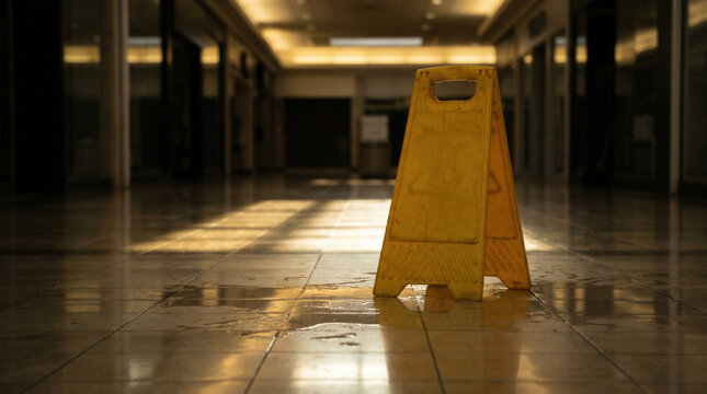 Yellow Caution Wet Floor Sign Stands On Reflective Tile Floor In Empty Shopping Mall Corridor With Sunlight