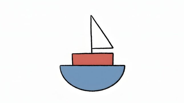 Minimalist Child's Boat Drawing with Simple Shapes and Bright Colors