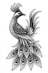 Fototapeta premium Mandala bird coloring page, exotic bird of paradise with elaborate ornamental feathers, symmetrical decorative composition, black and white., with a focus on magnificent aesthetics and quality