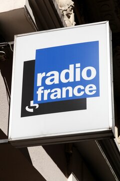 Lyon, France - August 15, 2016: Radio France logo on a building. Radio France is the French national public radio broadcaster