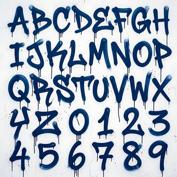 Dynamic blue graffiti alphabet and numbers with dripping paint effect on textured white wall, representing urban art expression
