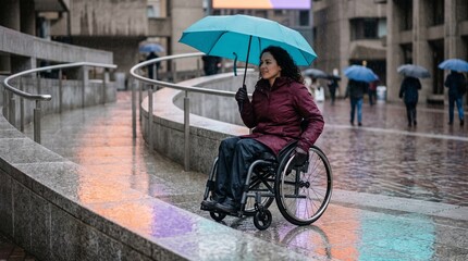 Obraz premium Wheelchair commuter uses a rain soaked accessible plaza ramp