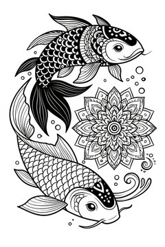Mandala fish coloring page, pair of koi fish forming a circular composition with elaborate scales and decorative mandala details, monochrome illustration., offering a unique and highly detailed