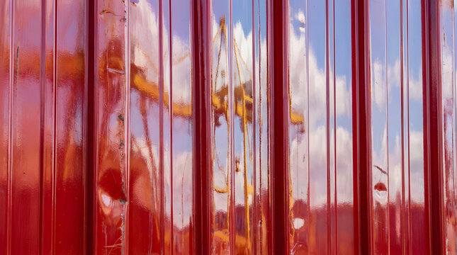Red industrial plastic strip curtain with outdoor view visible through it.