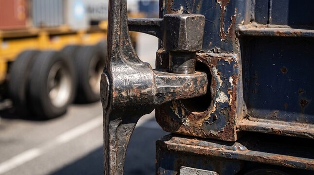 Close up of a rusty metal lock on a blue shipping container at a port.