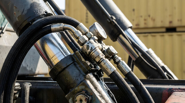 Close up of hydraulic system with cylinders and hoses on heavy machinery.
