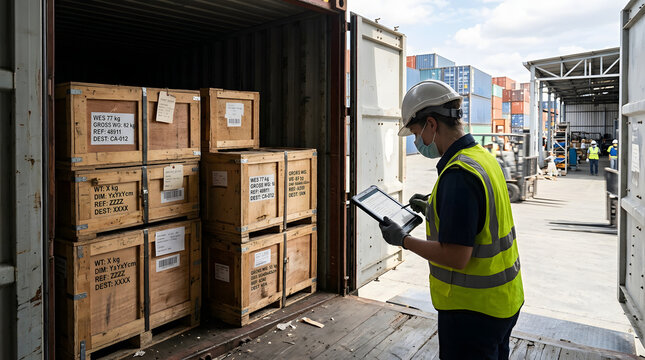 Logistics professional inspecting wooden cargo crates inside shipping container with digital tablet.