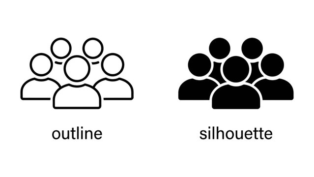 Group of People Icons: A collection of stylized figures representing a group of people, presented in both outline and silhouette forms.