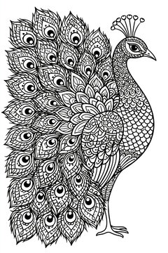 Mandala bird coloring page, magnificent peacock with fully expanded tail composed of intricate mandala patterns, ultra-detailed black and white adult coloring book illustration, clean outlines, white