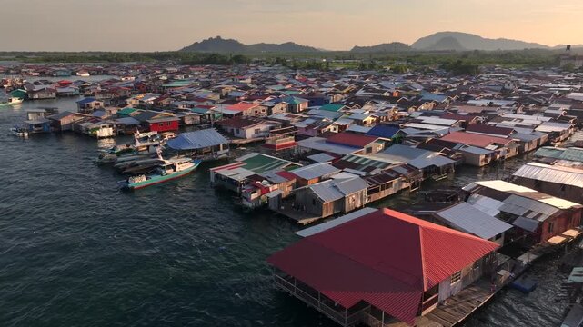 Bajau Laut Floating VIllage, A close up detailed shot. A Big Sea Gypsies Community in Sabah, Malaysia. Aerial View Asia.