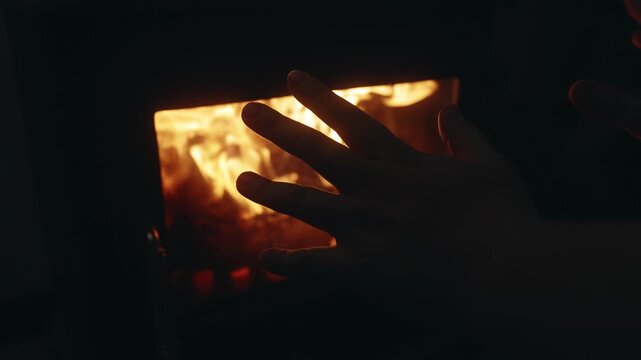 Slow Motion Close-Up of a Hand Warming by a Burning Wood Stove Fire