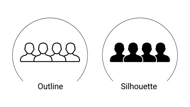 Group Icon Comparison: A clear visual representation comparing outline and silhouette icons of a group of people, highlighting the difference between an empty outline and a solid filled silhouette.