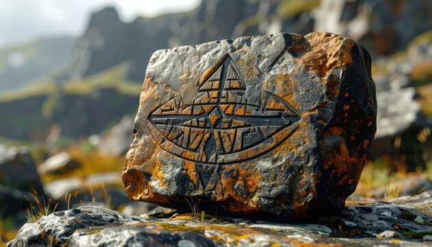 Ancient rune carved into weathered rock landscape.