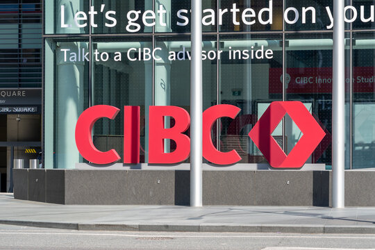 Toronto, Ontario, Canada - August 13, 2026: Exterior signage for the Canadian Imperial Bank of Commerce (CIBC) outside the office building at CIBC headquarters on Bay Street in downtown Toronto, Ontar