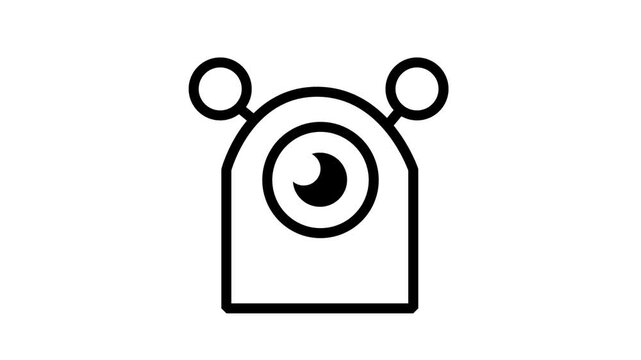 One Eyed Robot Mascot Motion icon. Creative animated line icon depicting cute single eyed monster character representing friendly artificial intelligence mascot and digital avatar.