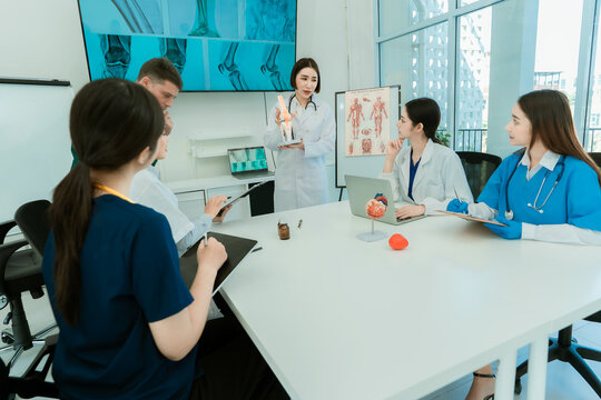 Group of diverse medical doctors and specialists discussing anatomical models during clinical seminar