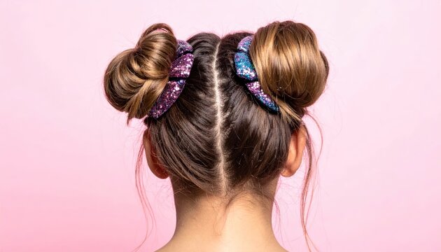 Back view of hairstyle with glitter space buns.