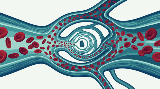 Conceptual illustration of blood circulation and vessel narrowing representing health conditions within a human anatomy network