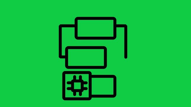 Microchip Flowchart Line Motion icon. Modern animated line icon showing microchip processor connected to flowchart diagram for artificial intelligence and complex technical architecture.