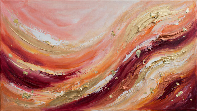 Abstract Oil Painting with Fluid Crimson and Gold Leaf Texture for Modern Interior Decor