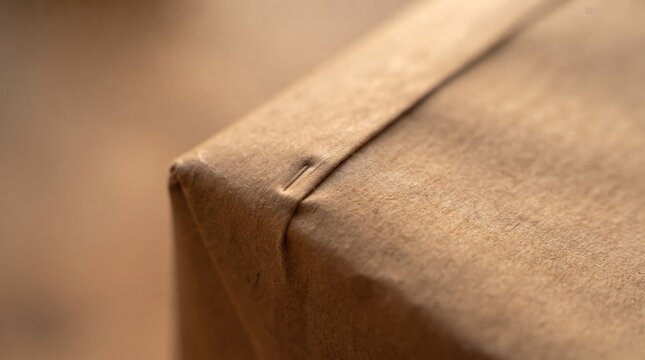 An aged cardboard package sits quietly on a rustic wooden table, the gentle glow of evening light highlighting its creases and seams. Moments of anticipation linger in the air.