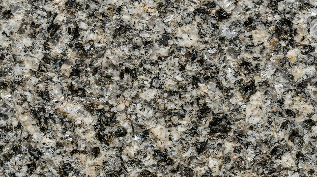 Close up view of natural granite stone surface with speckled grey beige and black mineral textures for kitchen countertop or architectural flooring design background and interior material